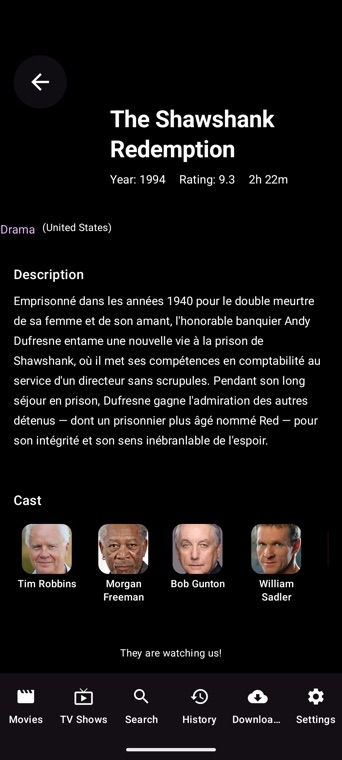 Movie detail page in Vuea on Android: poster, title, rating, cast photos and synopsis