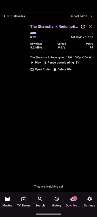 Vuea downloads screen showing a movie at 10 percent with download speed and connected peers