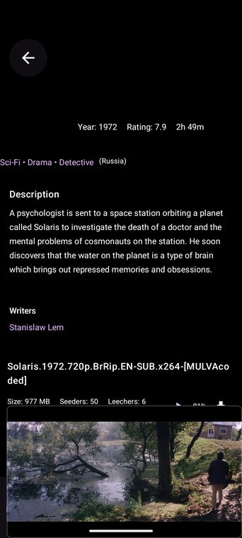 Vuea built-in player streaming Solaris (1972) with seek bar and timecodes while the torrent downloads
